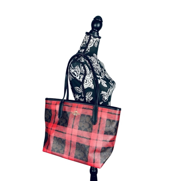 Coach red signature canvas field plaid print zip top tote size large - Picture 1 of 13